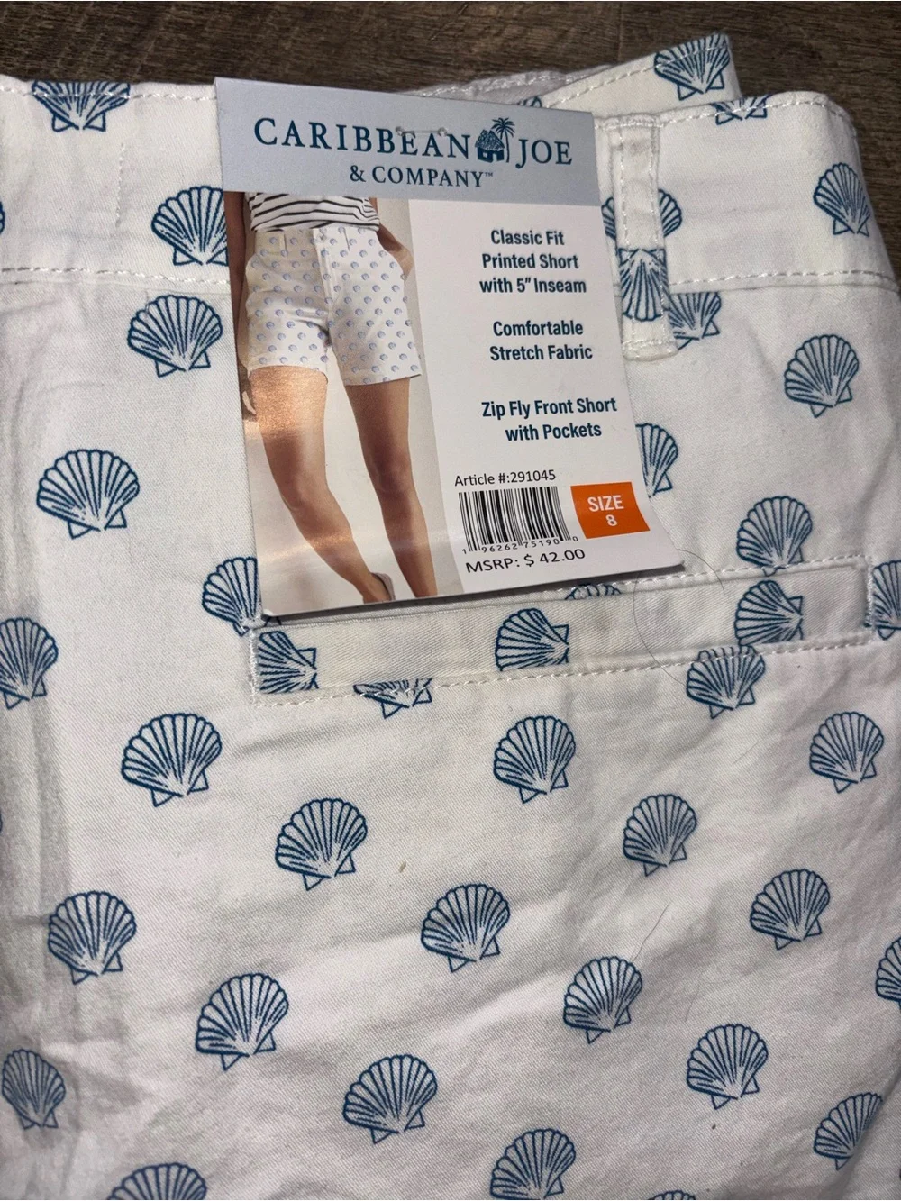 NWT Caribbean Joe White Cotton Shorts with Blue Shell Print 5”inseam